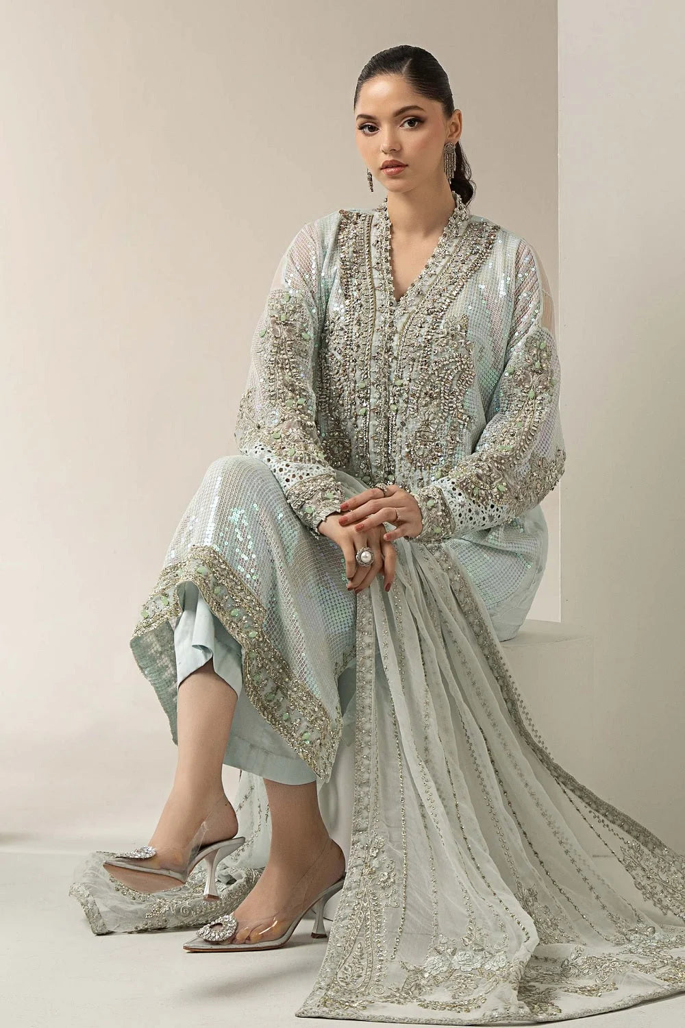 Ice Blue Handmade Pure Chiffon Bridal Suit