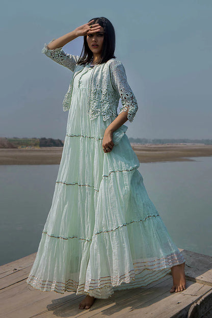 Light Mint Crocheted Maxi with 3D & Gota Work