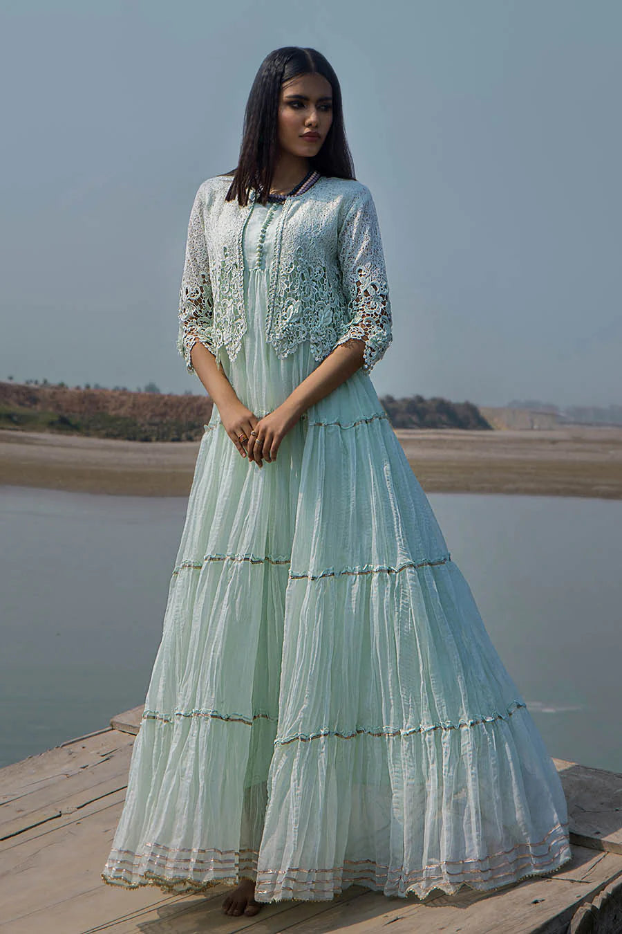 Light Mint Crocheted Maxi with 3D & Gota Work