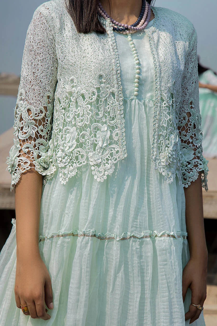 Light Mint Crocheted Maxi with 3D & Gota Work