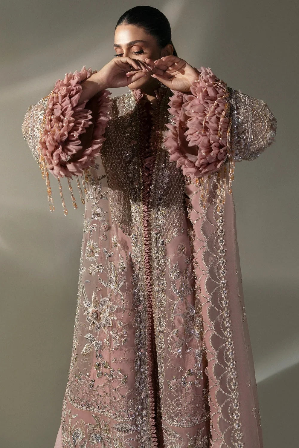 Tea Pink Handmade Suit with 3D Work