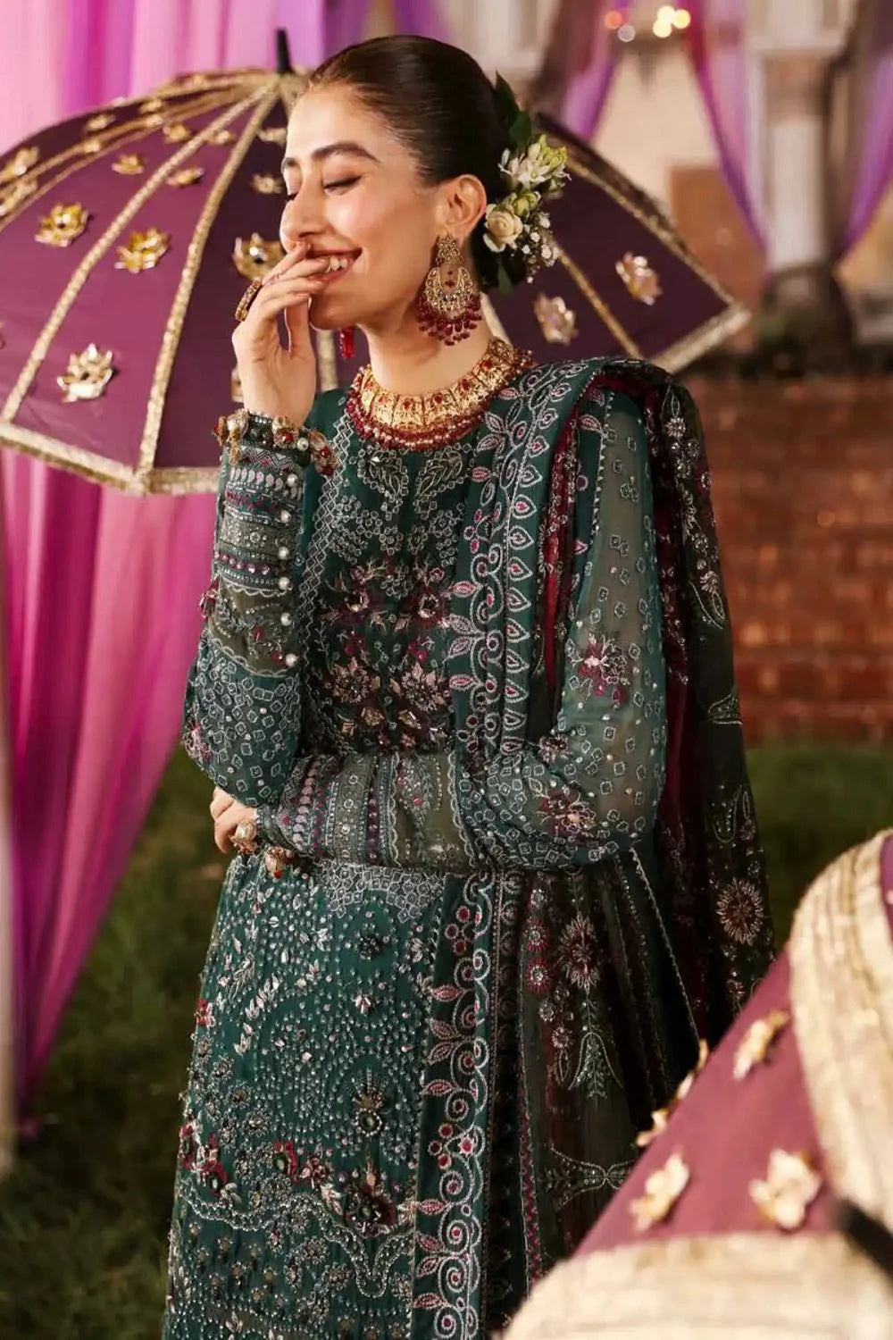 Handmade Bottle Green Pure Chiffon Suit