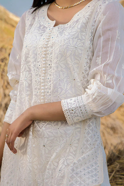 White Handmade Pure Swiss Lawn Farshi Shalwar Suit