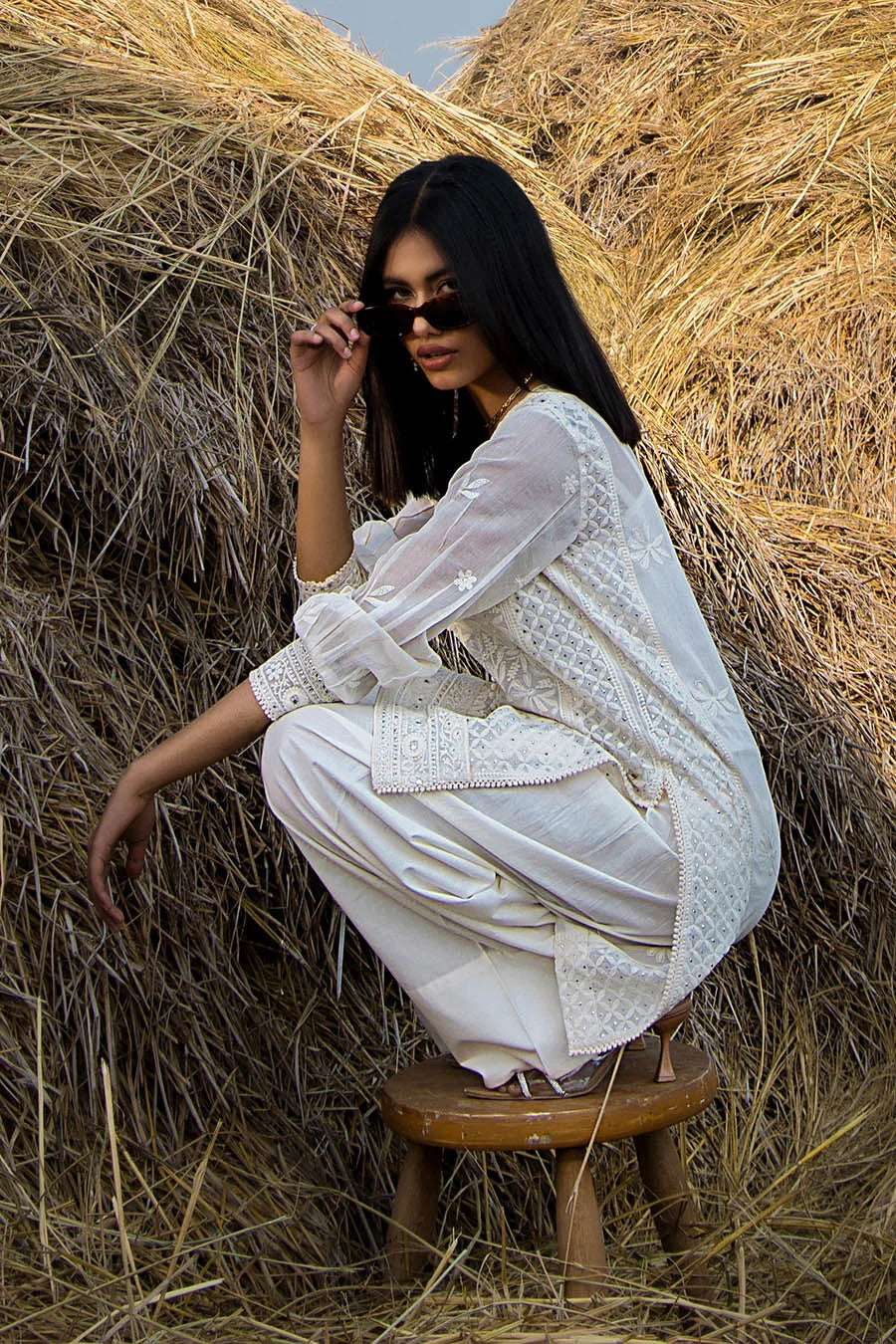 White Handmade Pure Swiss Lawn Farshi Shalwar Suit