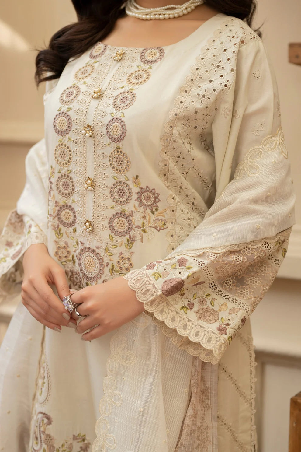 Champagne Cream Heavy Embroidered Chikankari Suit with Long Shirt