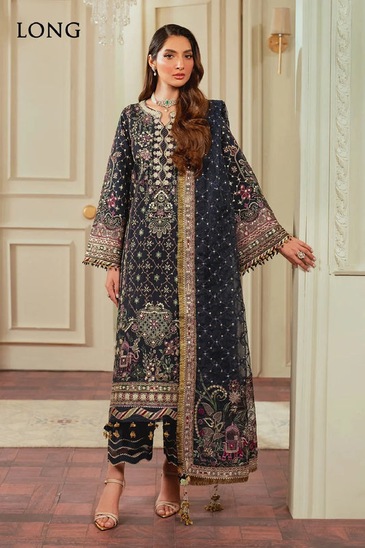 Navy Blue Heavy Embroidered Pure Chiffon Suit