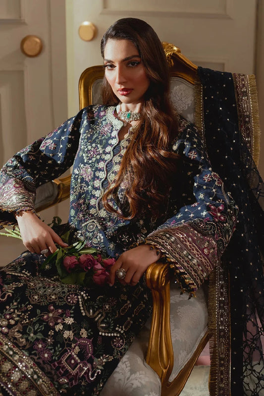 Navy Blue Heavy Embroidered Pure Chiffon Suit