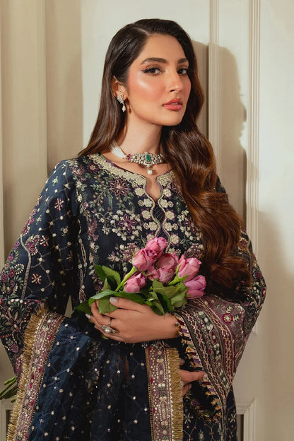 Navy Blue Heavy Embroidered Pure Chiffon Suit