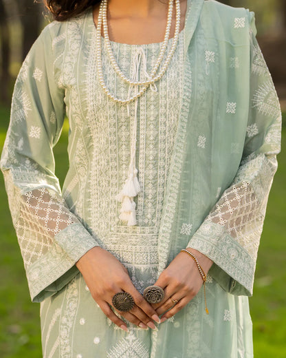 Ice Blue Heavy Embroidered Pure Cotton Suit