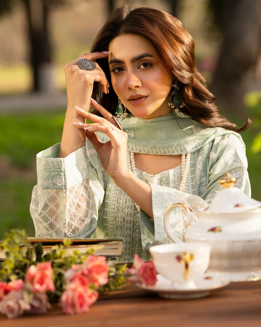 Ice Blue Heavy Embroidered Pure Cotton Suit