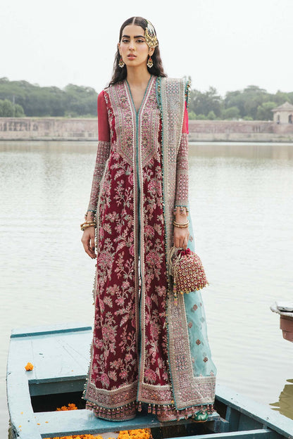 Maroon Sequins Embroidered Suit with Handmade Neckline