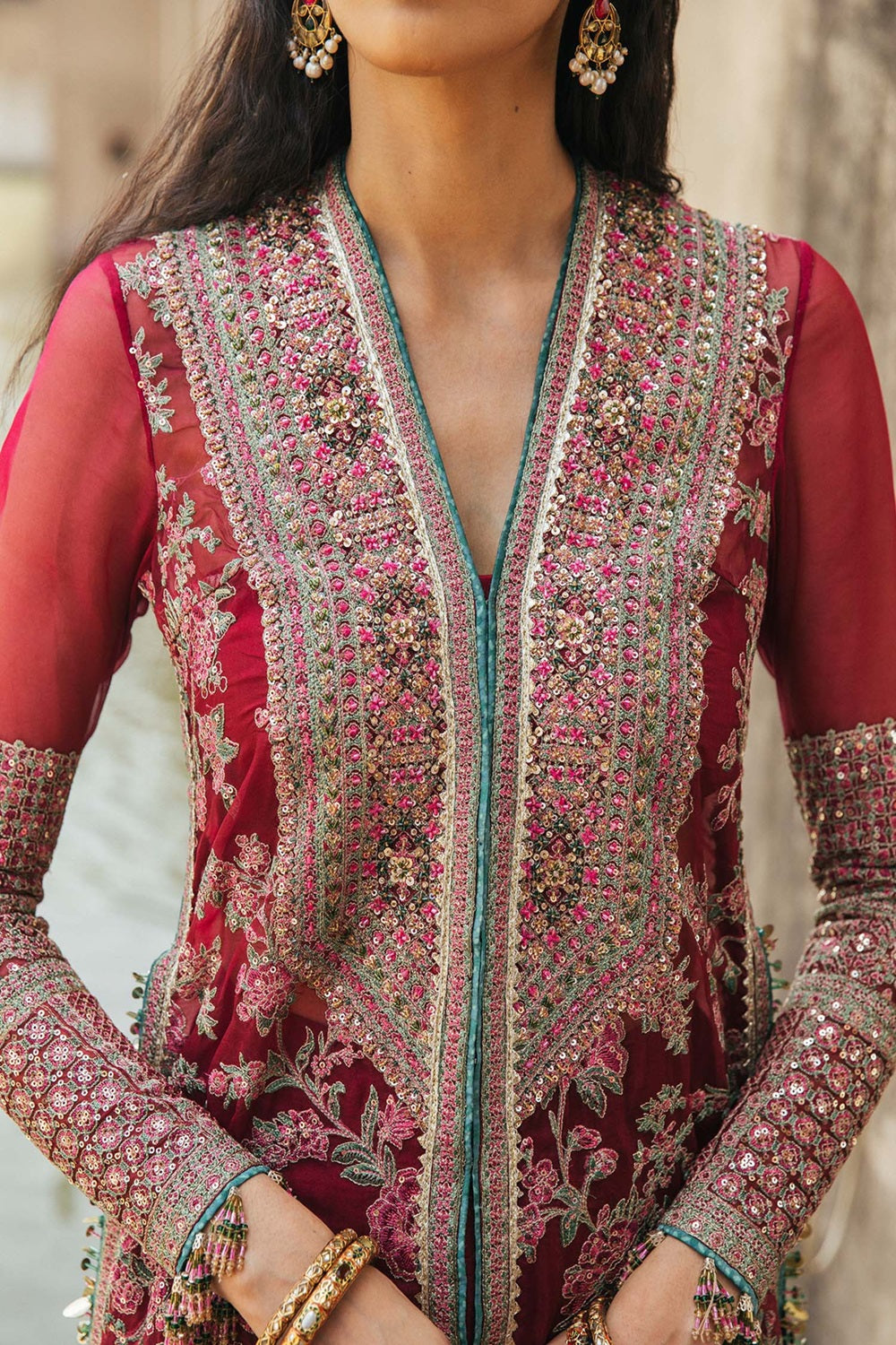 Maroon Sequins Embroidered Suit with Handmade Neckline