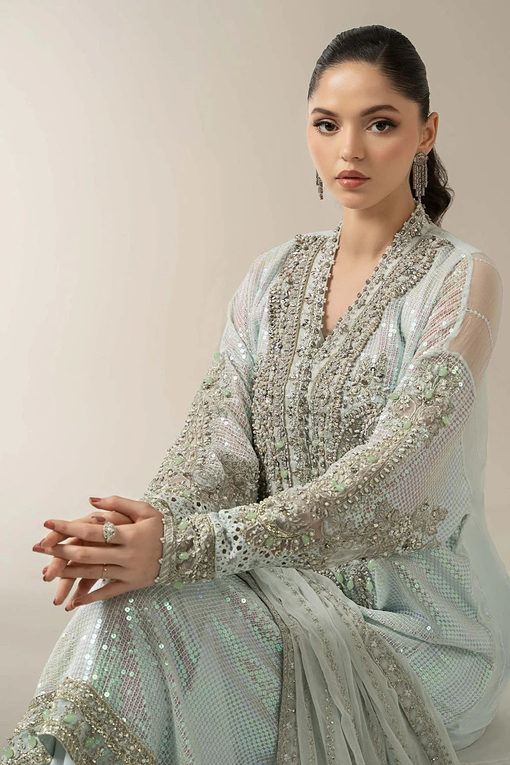 Ice Blue Handmade Pure Chiffon Bridal Suit