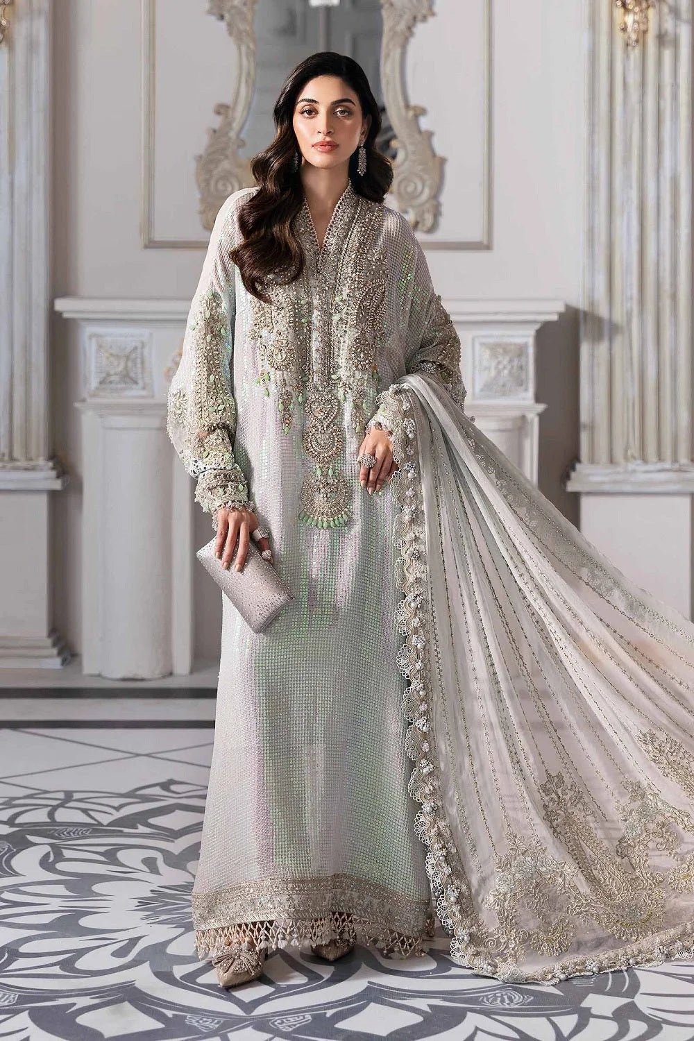 Ice Blue Handmade Pure Chiffon Bridal Suit