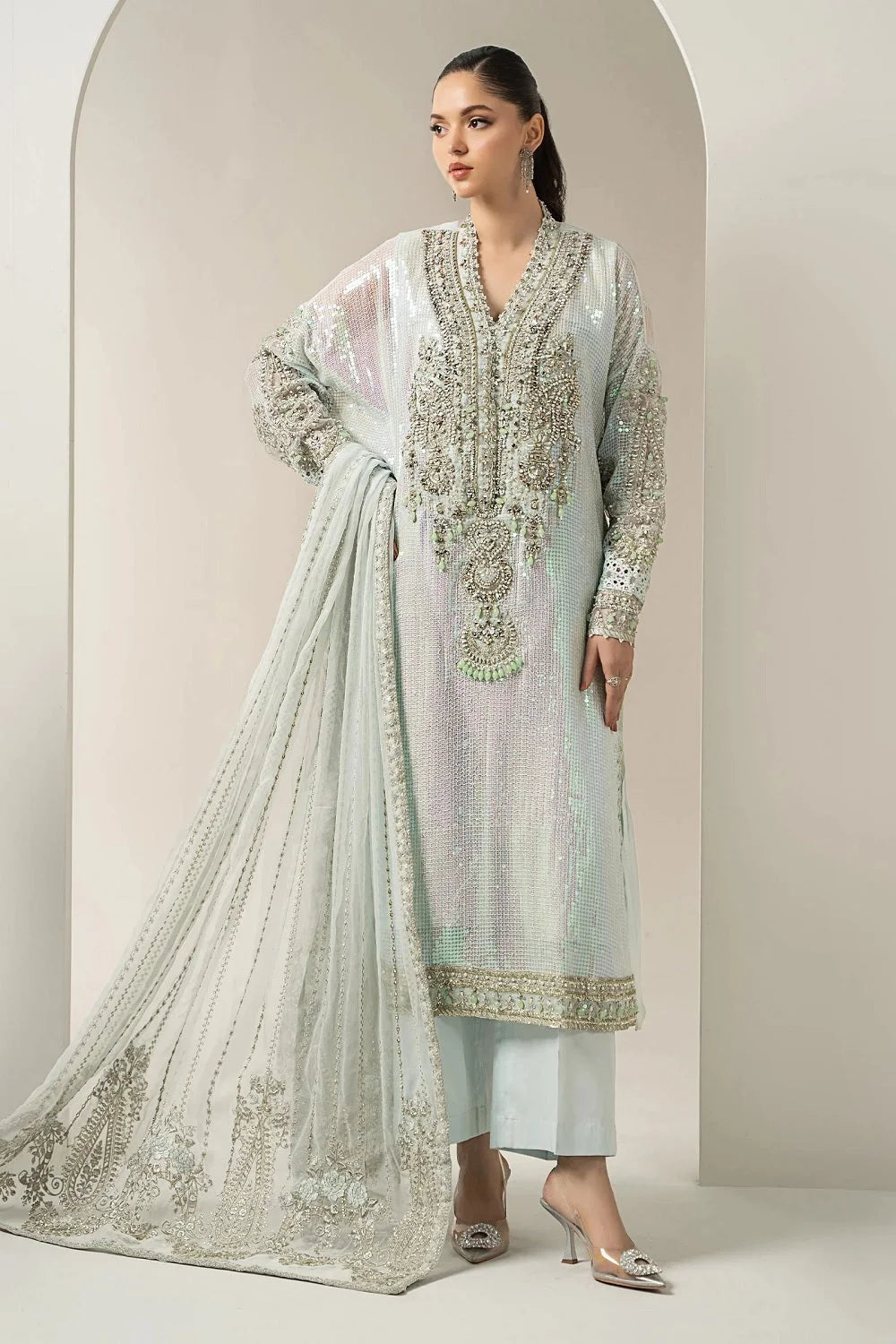 Ice Blue Handmade Pure Chiffon Bridal Suit