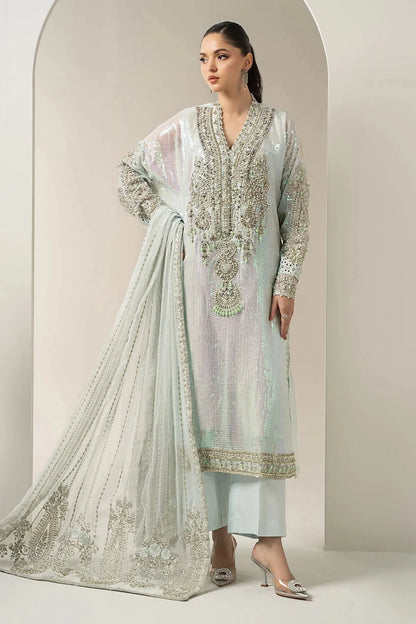 Ice Blue Handmade Pure Chiffon Bridal Suit