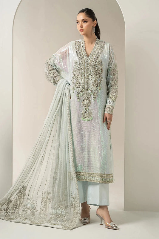 Ice Blue Handmade Pure Chiffon Bridal Suit