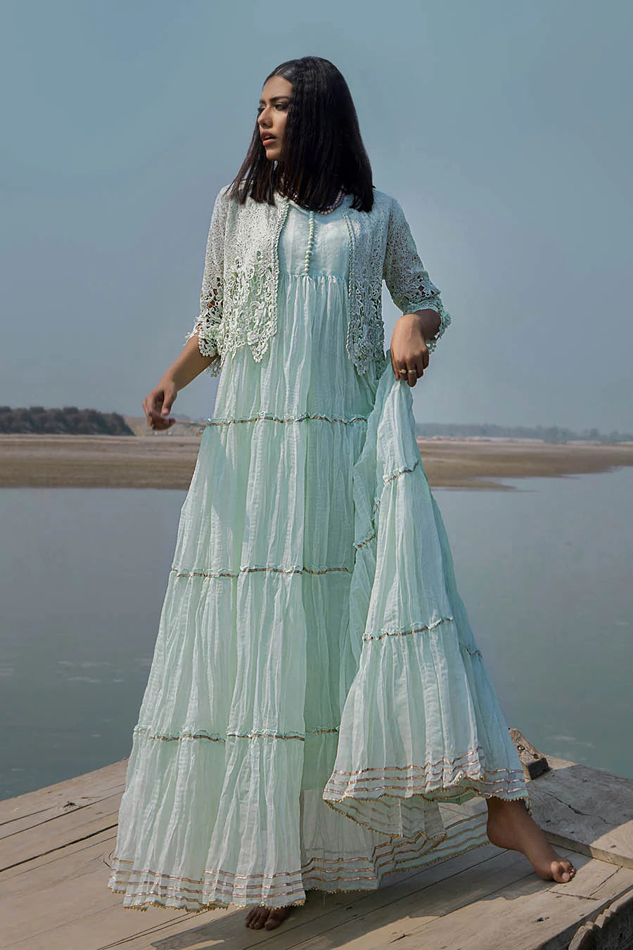 Light Mint Crocheted Maxi with 3D & Gota Work