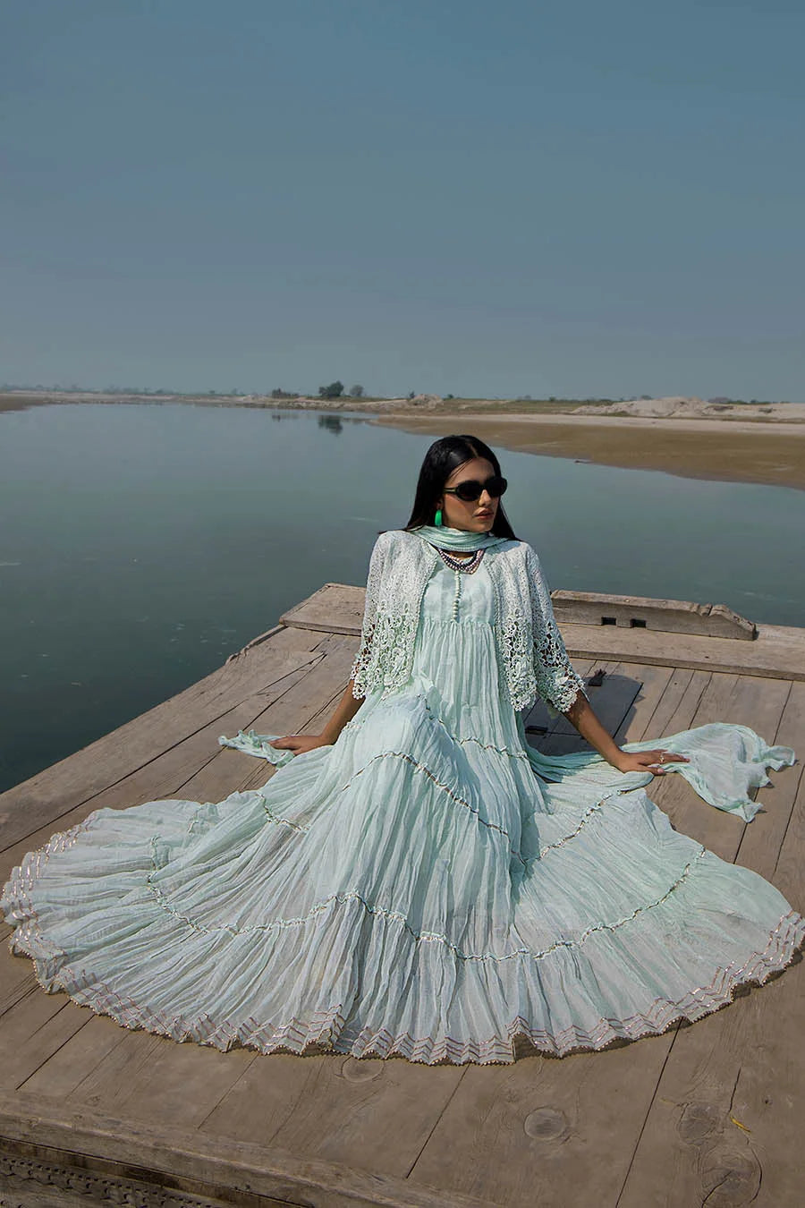 Light Mint Crocheted Maxi with 3D & Gota Work