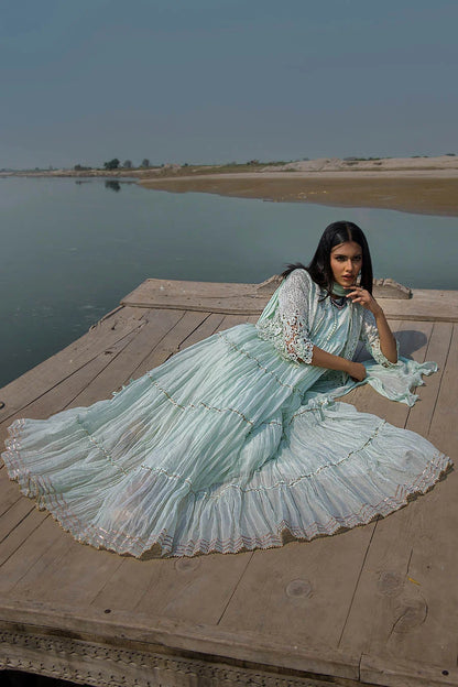 Light Mint Crocheted Maxi with 3D & Gota Work