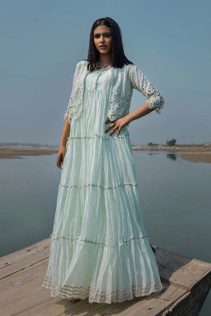 Light Mint Crocheted Maxi with 3D & Gota Work