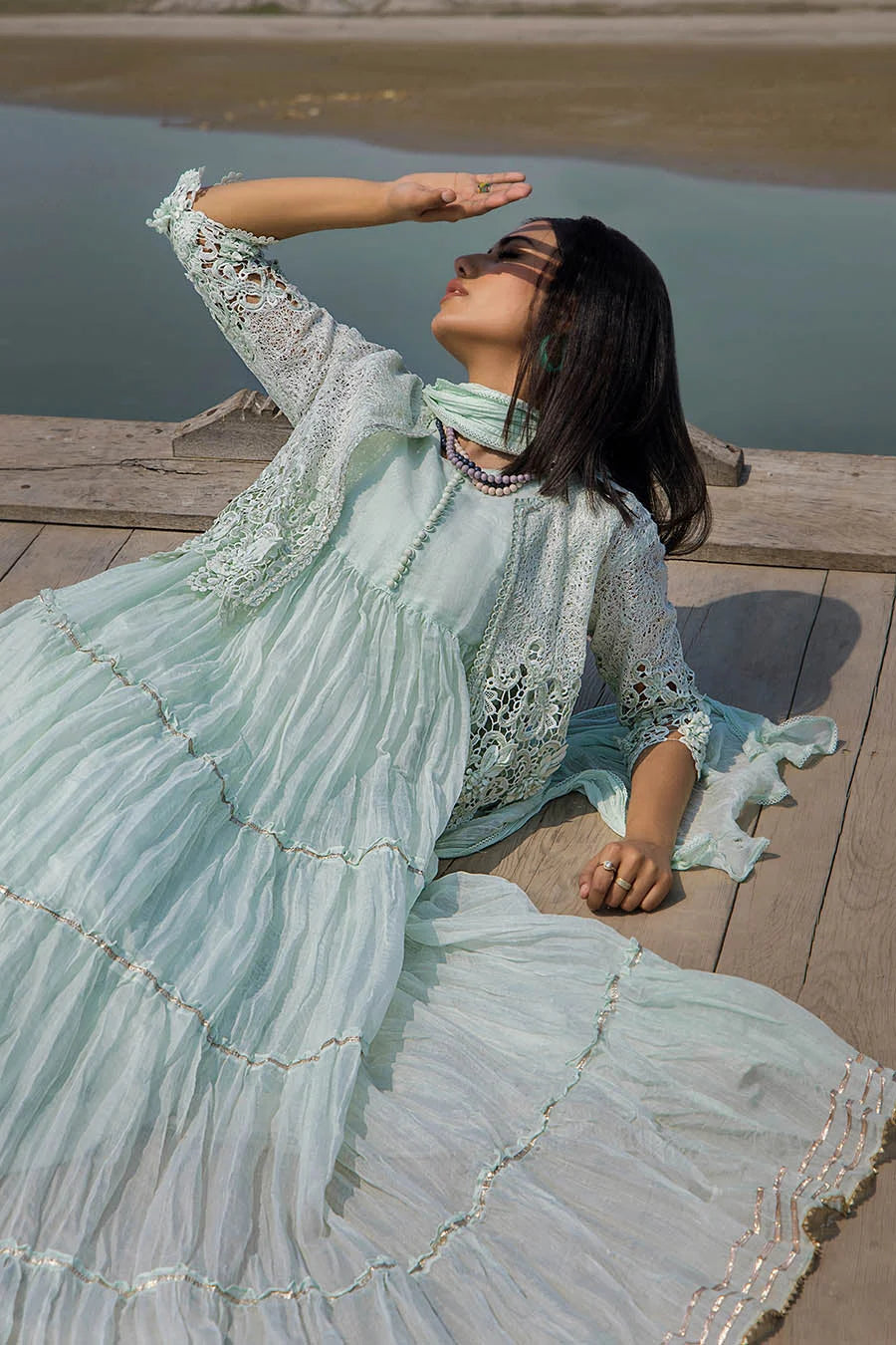 Light Mint Crocheted Maxi with 3D & Gota Work