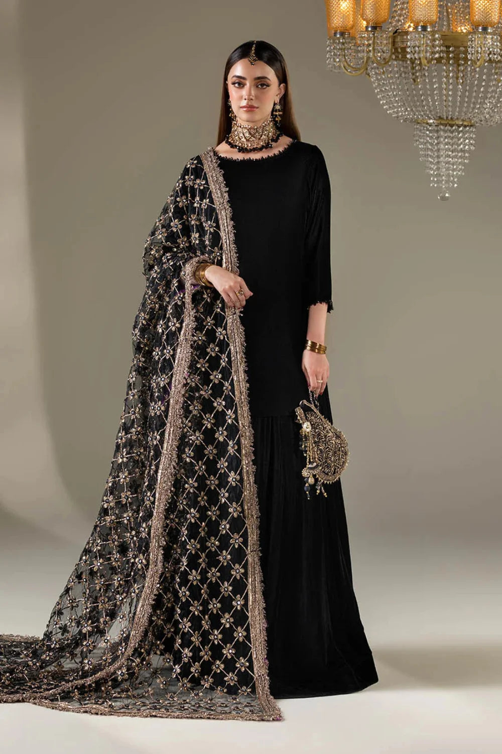 Black Velvet Sharara with Heavy Embroidered Dupatta