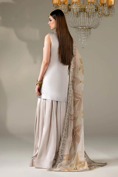 Hand Embroidered Glass Silk Designer Sharara with Hand Painted Dupatta