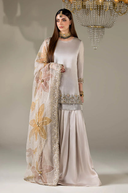 Hand Embroidered Glass Silk Designer Sharara with Hand Painted Dupatta