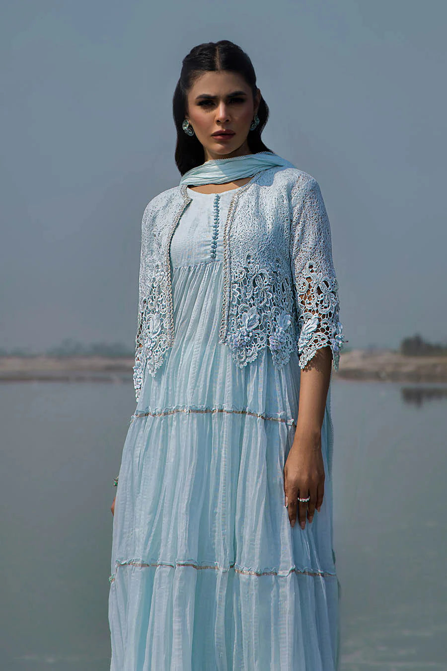Sky Blue Crocheted Maxi with 3D & Gota Work