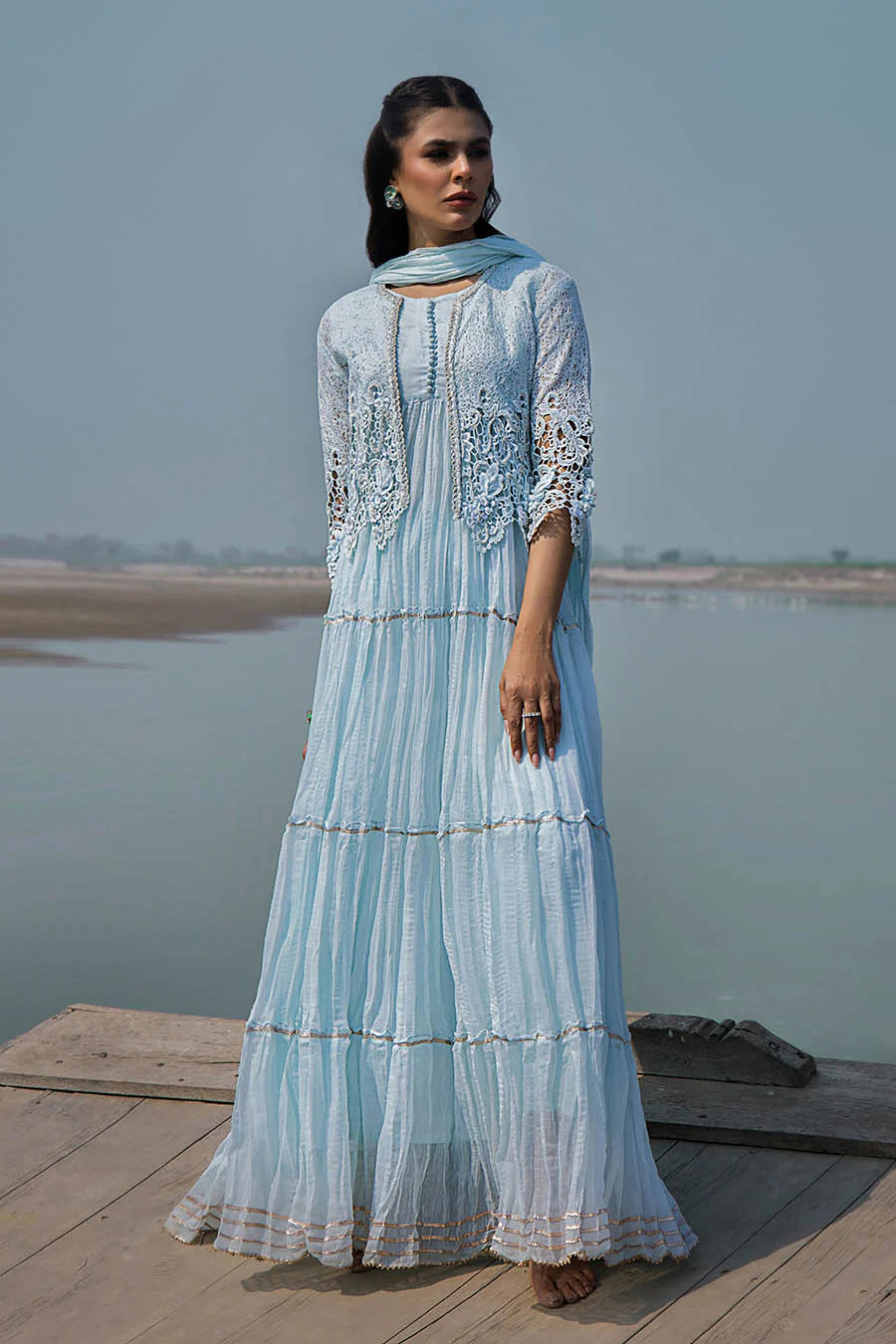 Sky Blue Crocheted Maxi with 3D & Gota Work