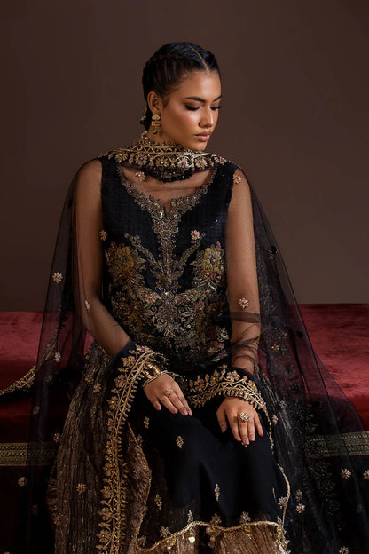 Hand Embroidered Black Crinkle Chiffon Sharara