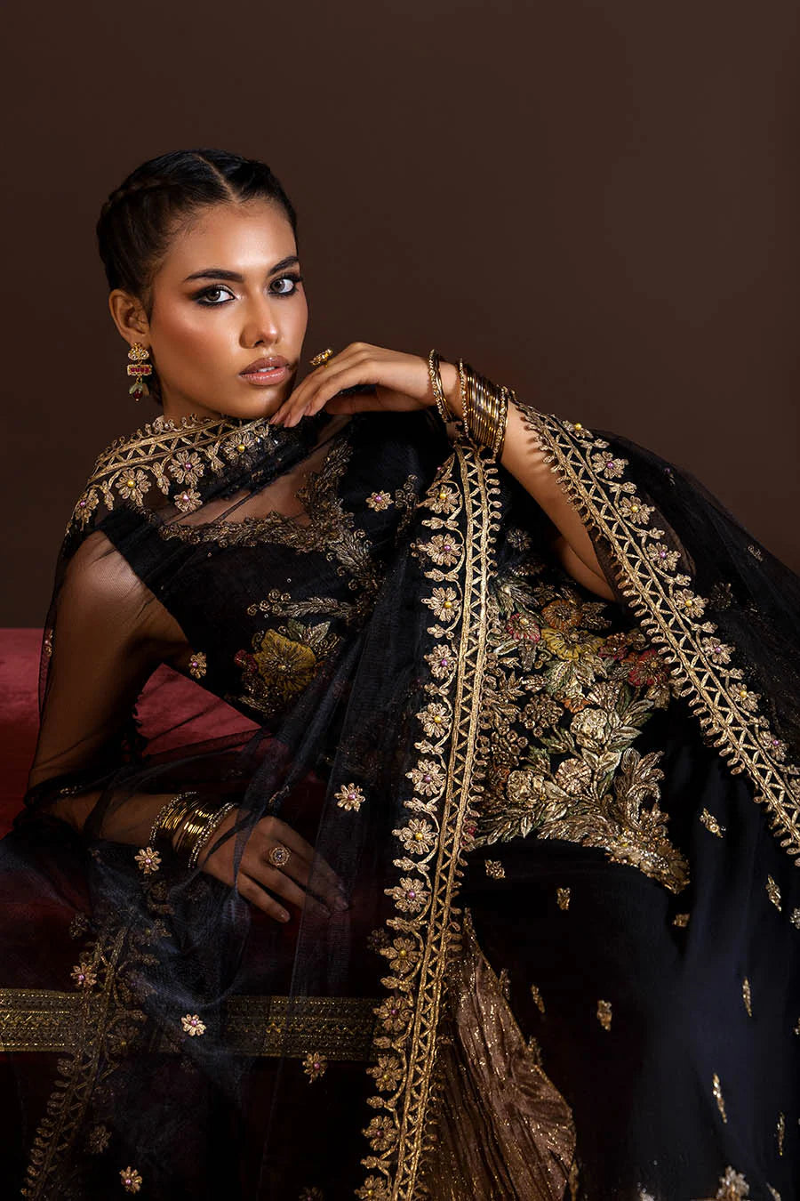 Hand Embroidered Black Crinkle Chiffon Sharara