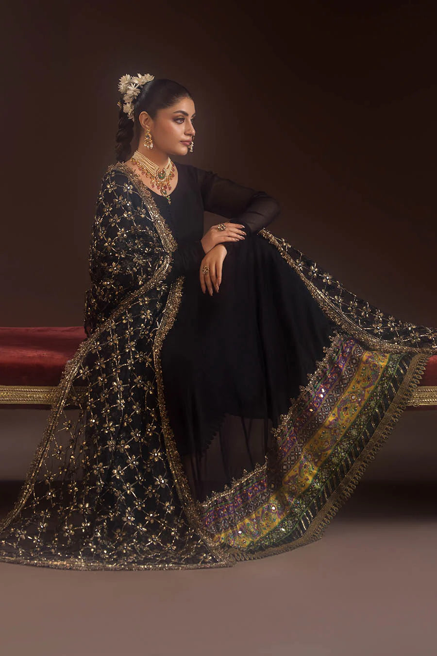 Handmade Black Crinkle Chiffon Anarkali Peshwas