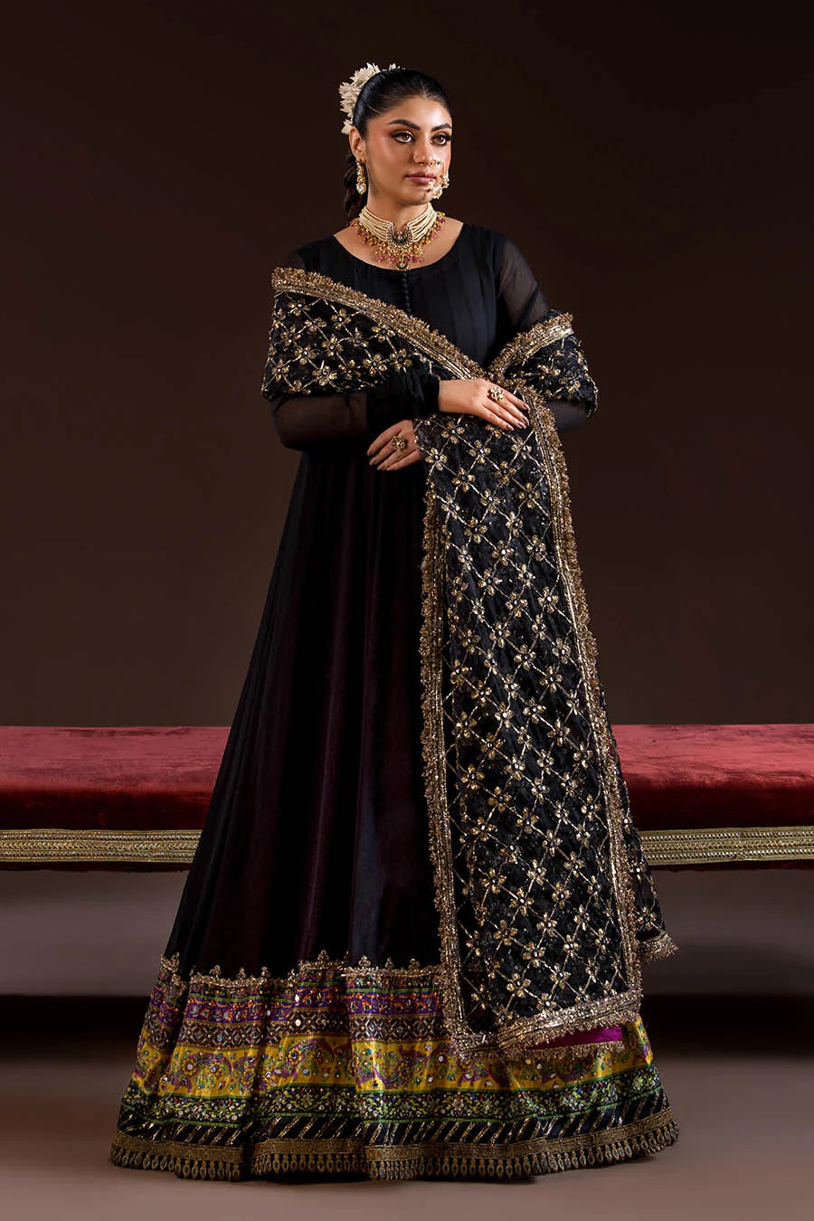 Handmade Black Crinkle Chiffon Anarkali Peshwas