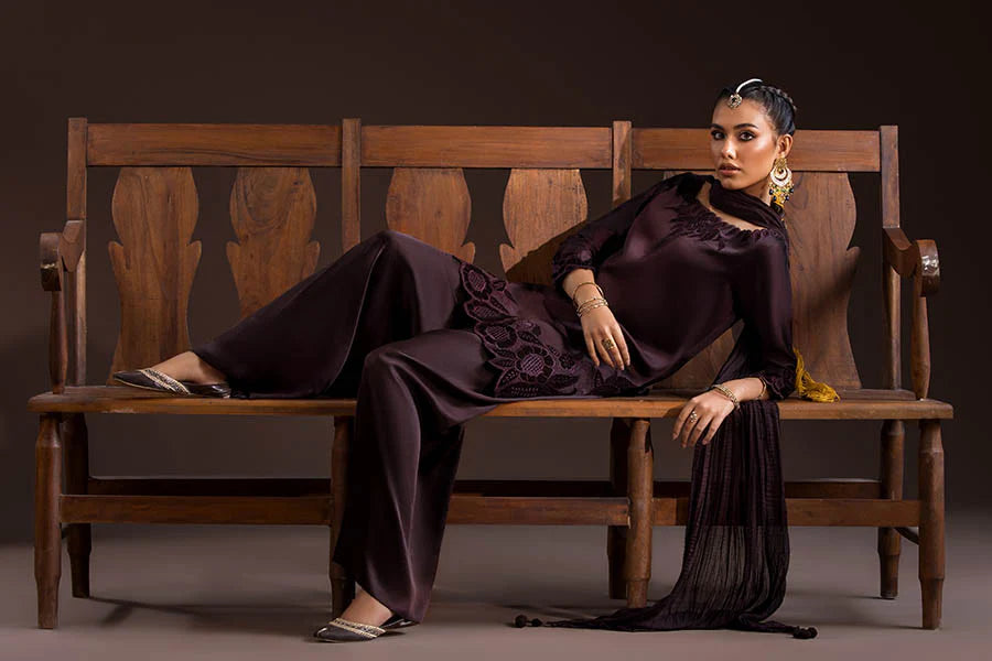 Glass Silk Partywear Suit with Velvet Details