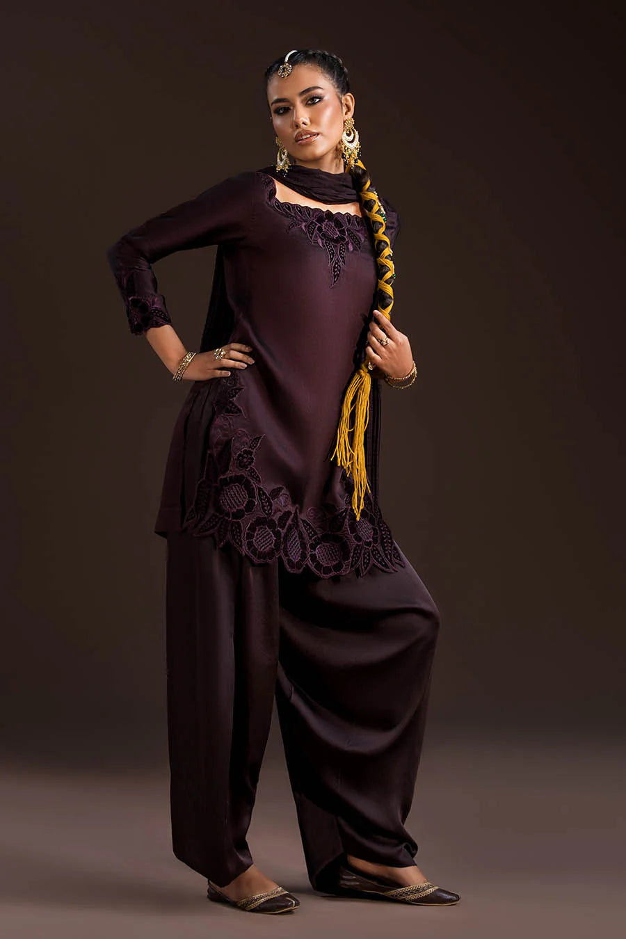 Glass Silk Partywear Suit with Velvet Details