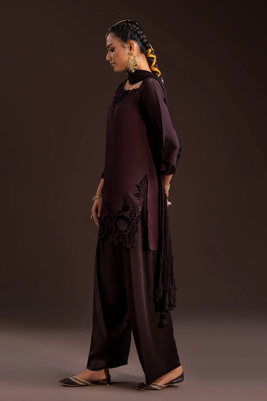 Glass Silk Partywear Suit with Velvet Details