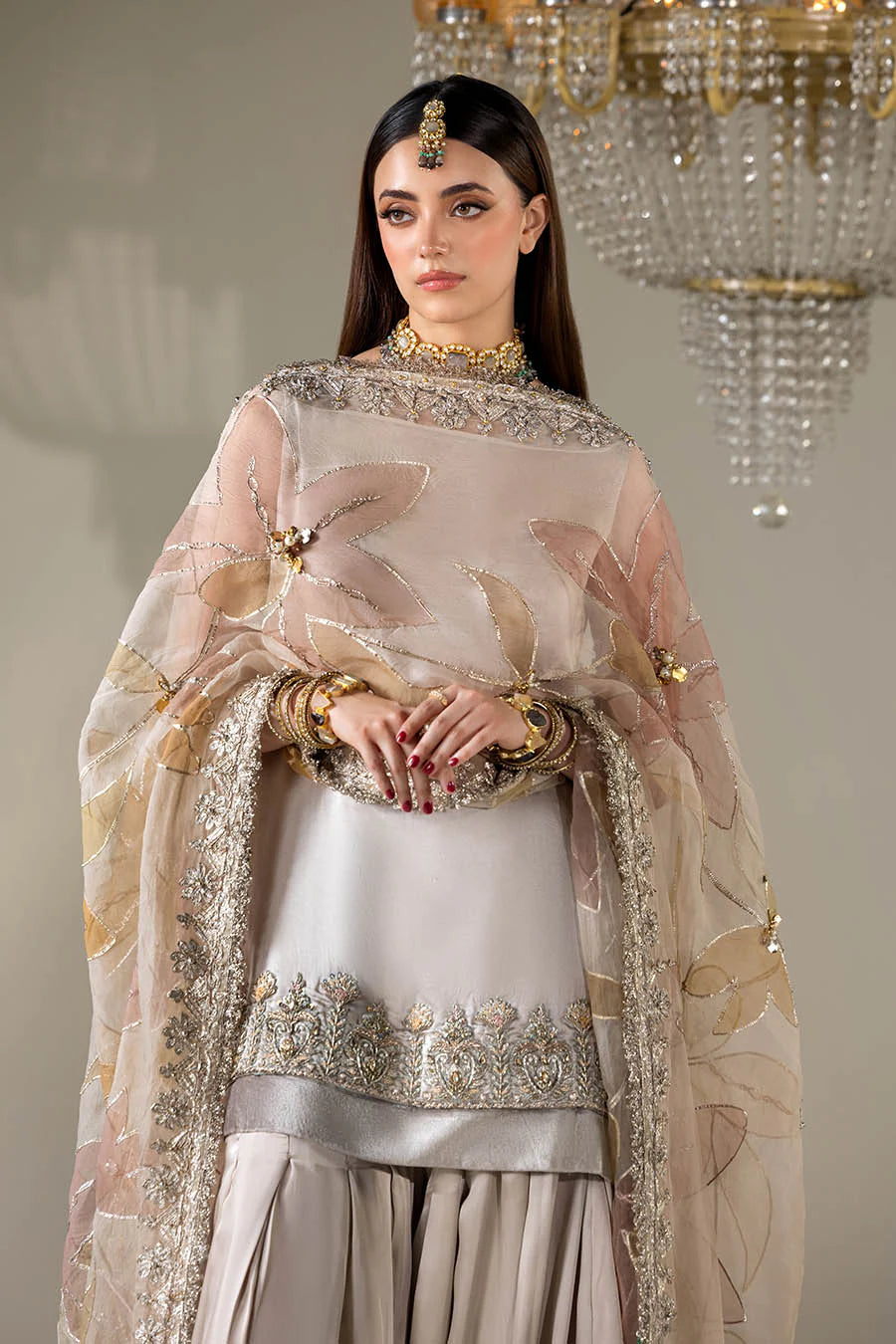 Hand Embroidered Glass Silk Designer Sharara with Hand Painted Dupatta