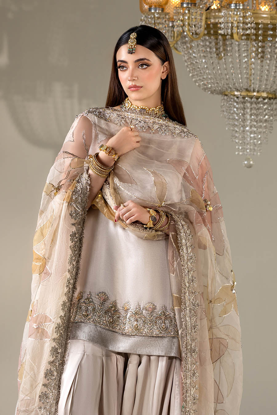 Hand Embroidered Glass Silk Designer Sharara with Hand Painted Dupatta