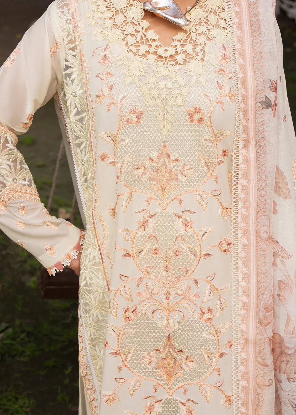 Ivory Lawn Suit with Schiffli Embroidery & Patchwork Details