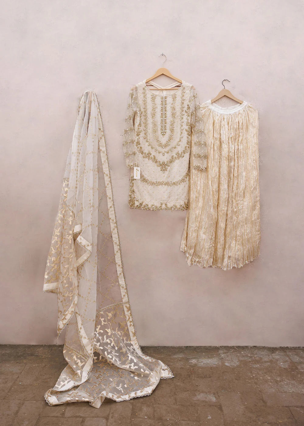 Ivory Handmade Crushed Silk Sharara