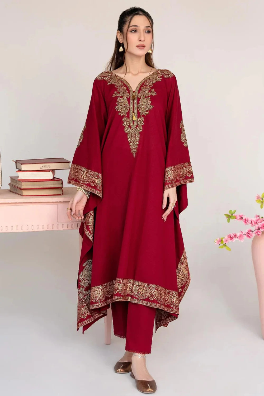Maroon Embroidered Khaddar Winter Kaftan