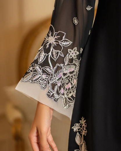 Black Georgette Chiffon Farshi Shalwar Suit with Applique Work