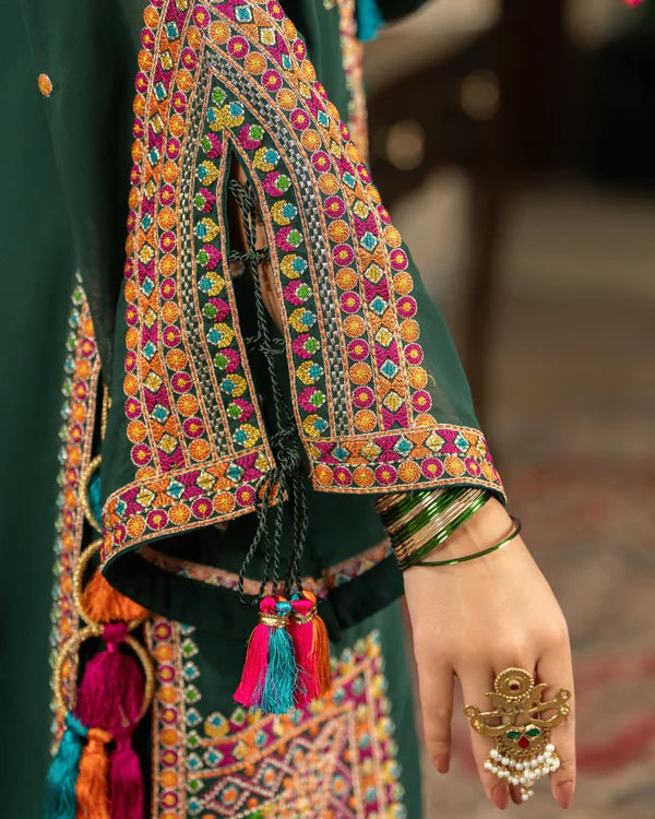 Emerald Green Georgette Chiffon Farshi Shalwar Suit with Dori Work