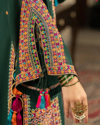 Emerald Green Georgette Chiffon Farshi Shalwar Suit with Dori Work