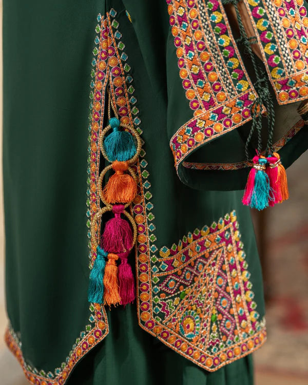 Emerald Green Georgette Chiffon Farshi Shalwar Suit with Dori Work