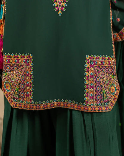 Emerald Green Georgette Chiffon Farshi Shalwar Suit with Dori Work