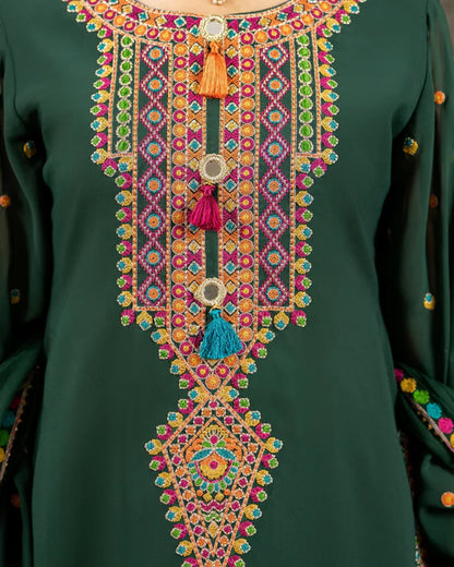 Emerald Green Georgette Chiffon Farshi Shalwar Suit with Dori Work