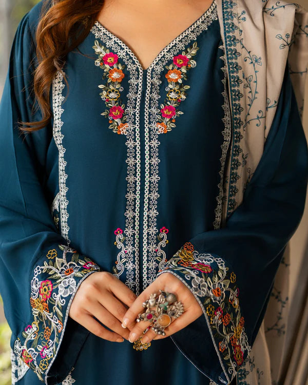 Turquoise Kotrai Multi-Thread Embroidered Farshi Shalwar Suit